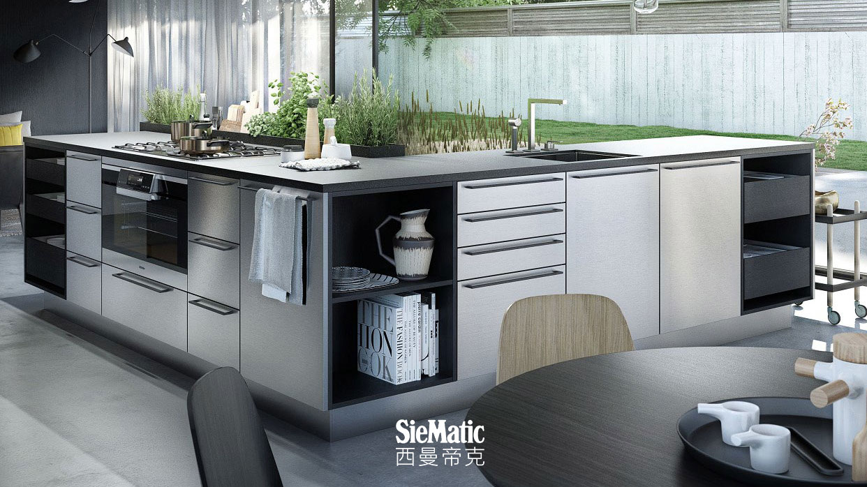 SieMatic Urban SE kitchen island in graphite oak and stainless steel with herb garden and StoneDesign countertop in granite