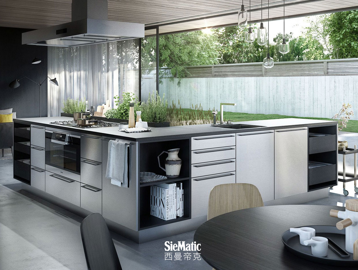 SieMatic Urban SE kitchen island in graphite oak and stainless steel with herb garden and StoneDesign countertop in granite
