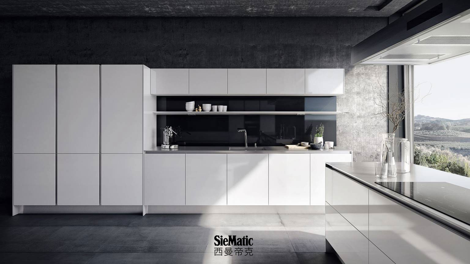 Kitchen from the SieMatic Pure style collection in glossy lotus white with countertop appearing 1 cm thick in stainless steel