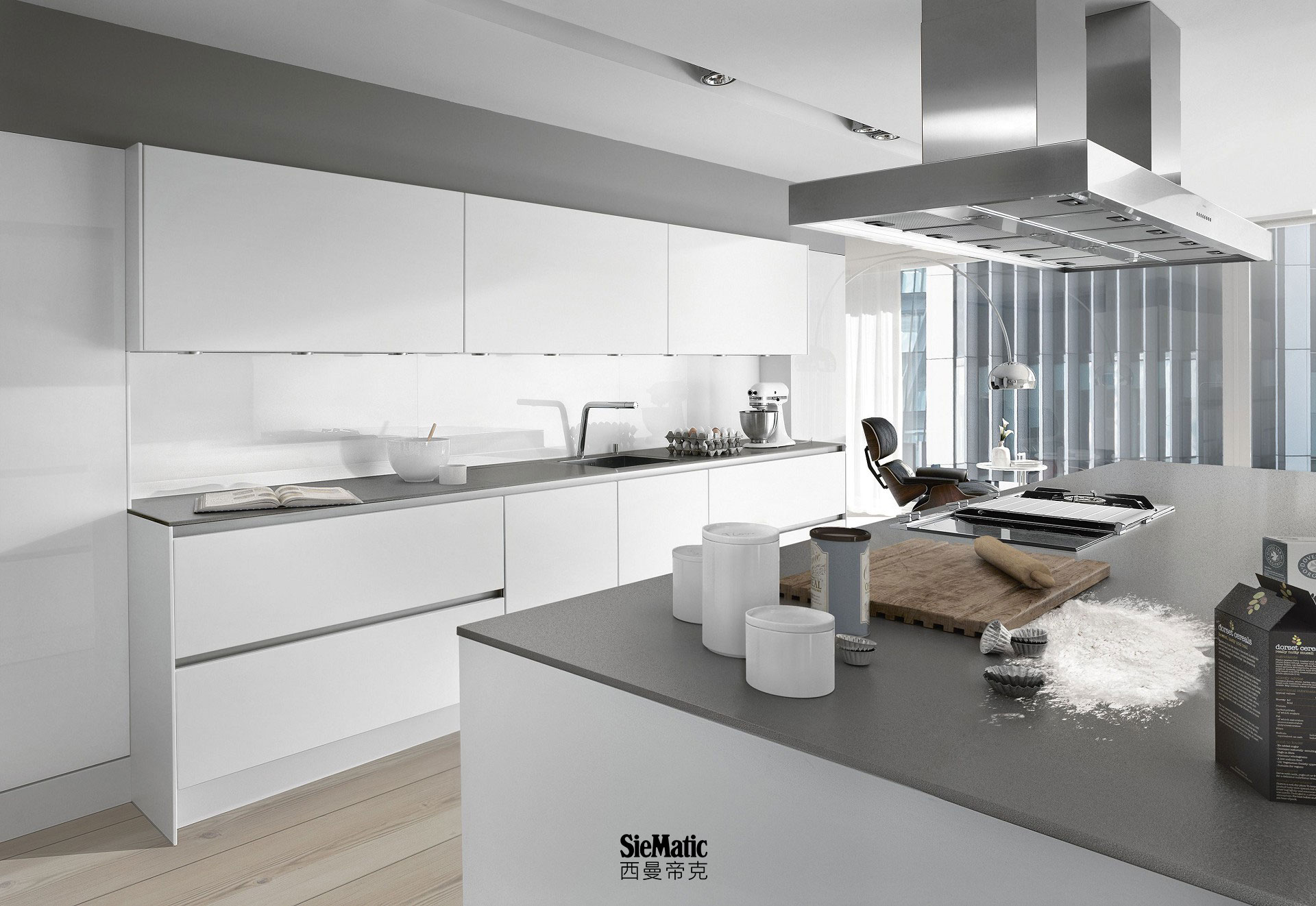 SieMatic S2 in lotus white from the Pure style collection with StoneDesign countertop appearing 1 cm thick and glass backsplash