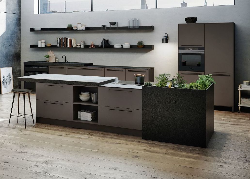 SieMatic Urban SE kitchen island in umbra with stone herb garden and breakfast bar