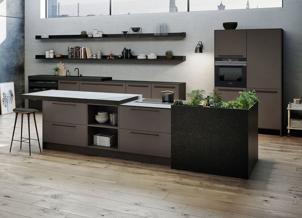 SieMatic Urban SE kitchen island in umbra with stone herb garden and breakfast bar