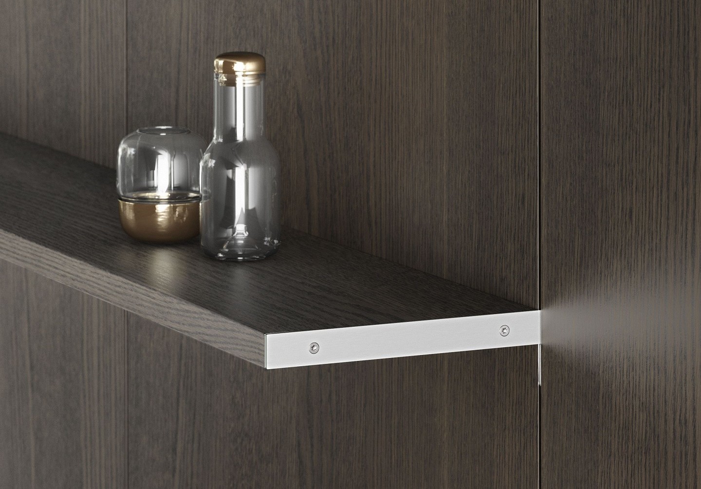 Veneer shelves in the panel system SieMatic FloatingSpaces provide additional storage space for the kitchen