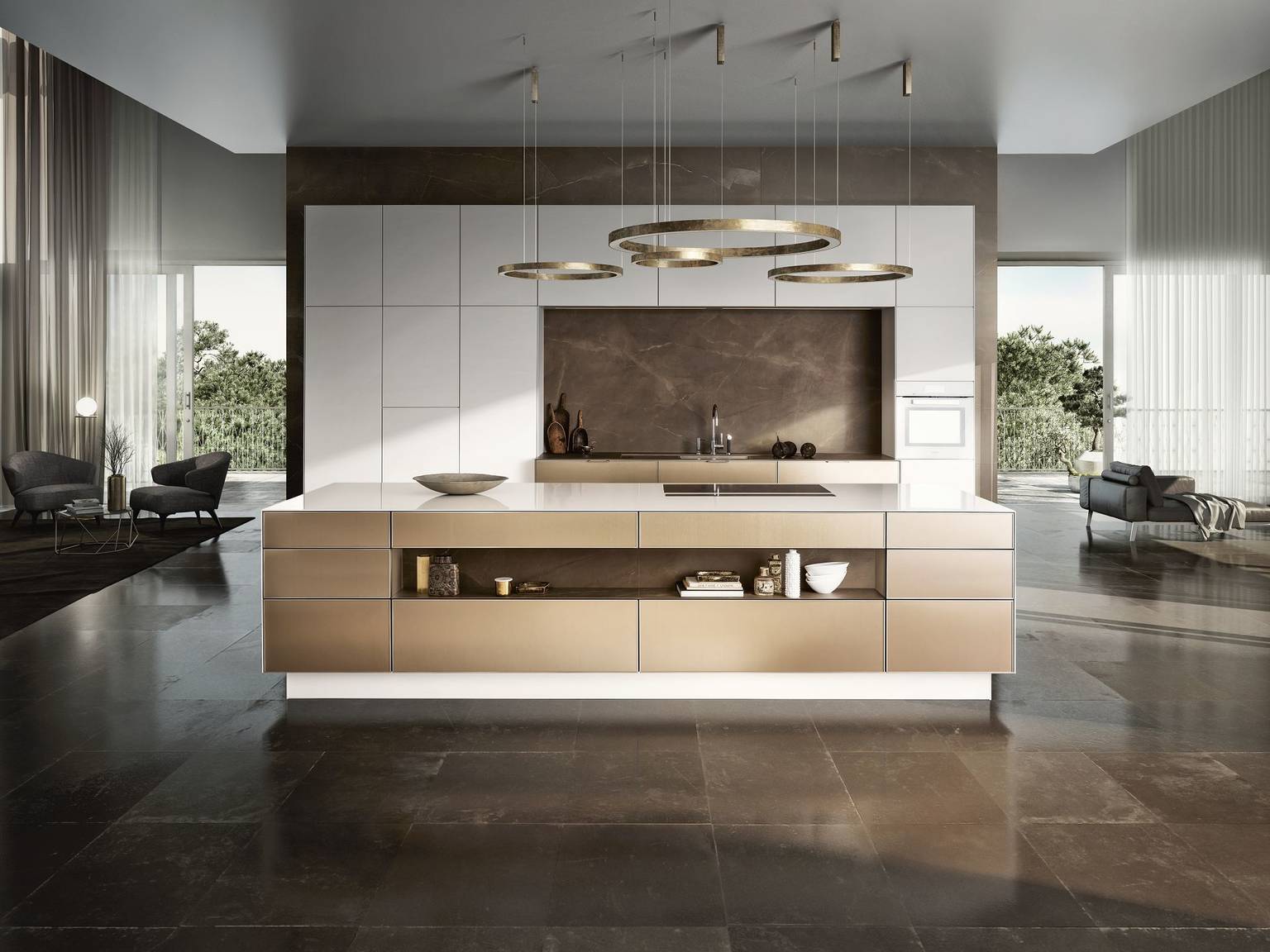 SieMatic Pure SE 3003 R in lotus white and gold bronze with kitchen island