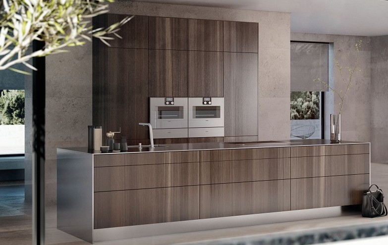 SieMatic Pure SE kitchen island in smoked oak veneer with countertop and side panels in 1 cm stainless steel