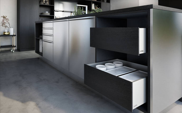 SieMatic Urban SE kitchen island open drawers in graphite oak with aluminum interior accessories