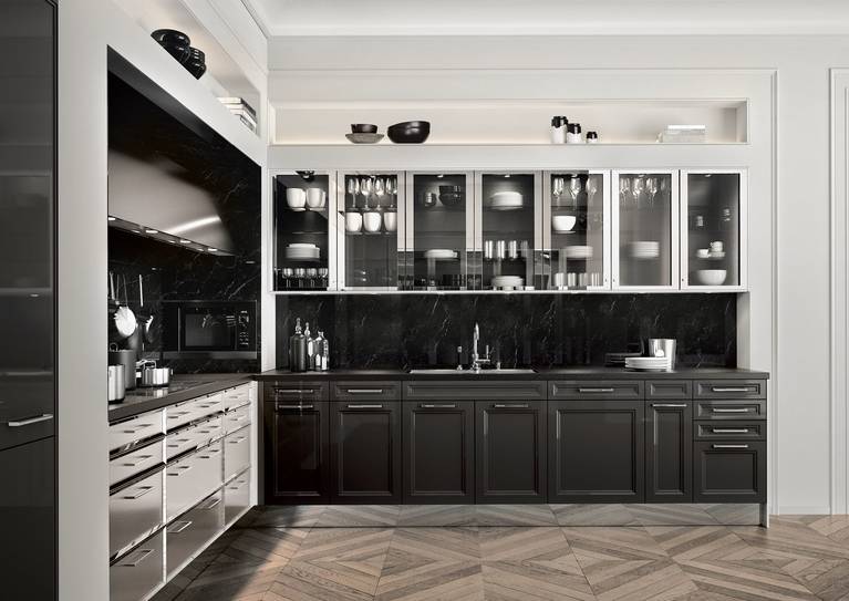 SieMatic Classic BeauxArts SE base cabinets in graphite grey and glass wall cabinets in polished nickel