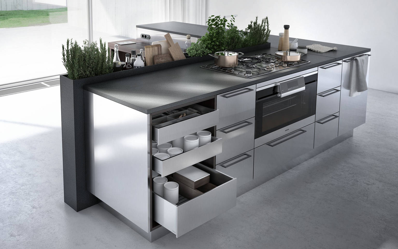 SieMatic Urban SE kitchen island in L shape with open drawers, herb garden and breakfast bar