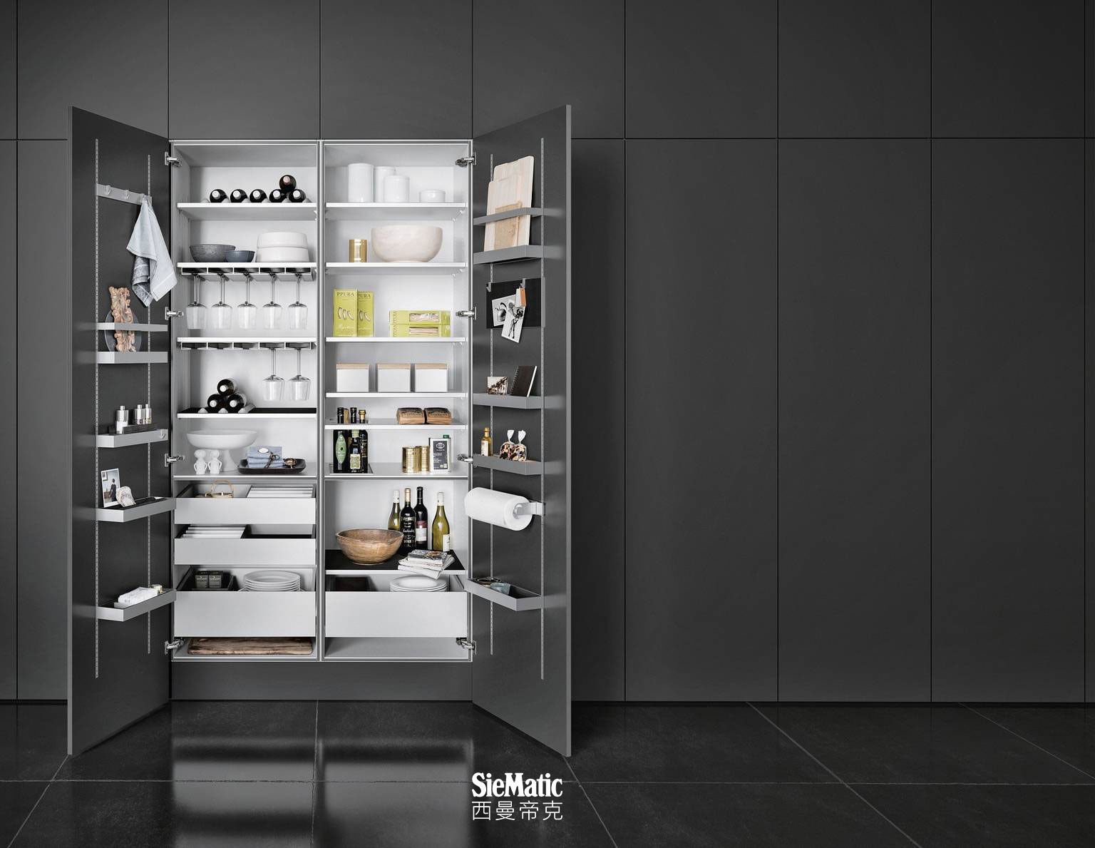 With SieMatic MultiMatic interior accessories, gain up to 30% more storage space in tall, wall and base cabinets.