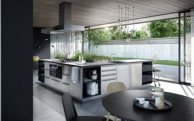 SieMatic Urban SE kitchen island in graphite oak and stainless steel with herb garden and breakfast bar