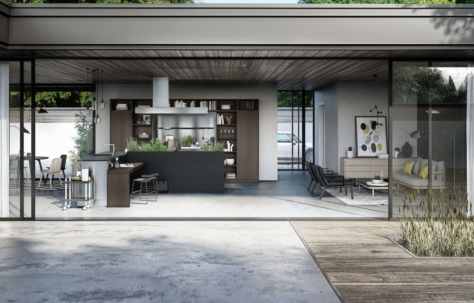 SieMatic Urban SE in graphite oak with stainless steel, L-shaped kitchen island