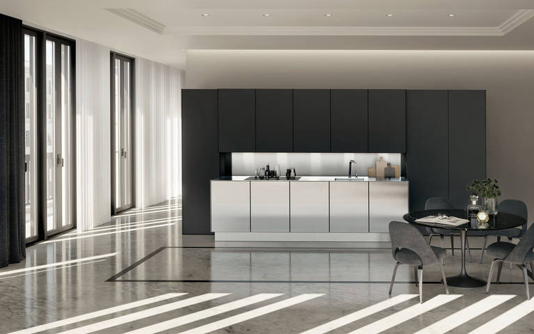 SieMatic Pure SE with cabinets in stainless steel and graphite grey matte lacquer finishes