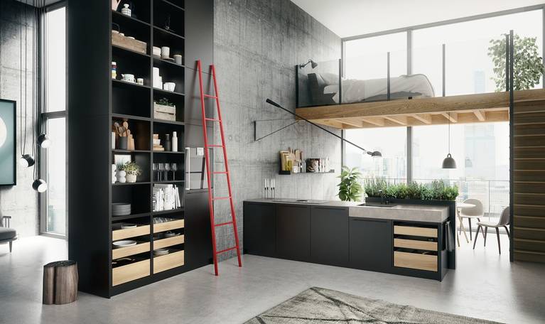 SieMatic Urban SE in graphite grey with ceiling-high shelves, kitchen island and herb garden