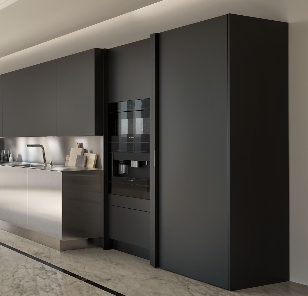Kitchen appliances can hide behind retractable pocket doors by SieMatic.