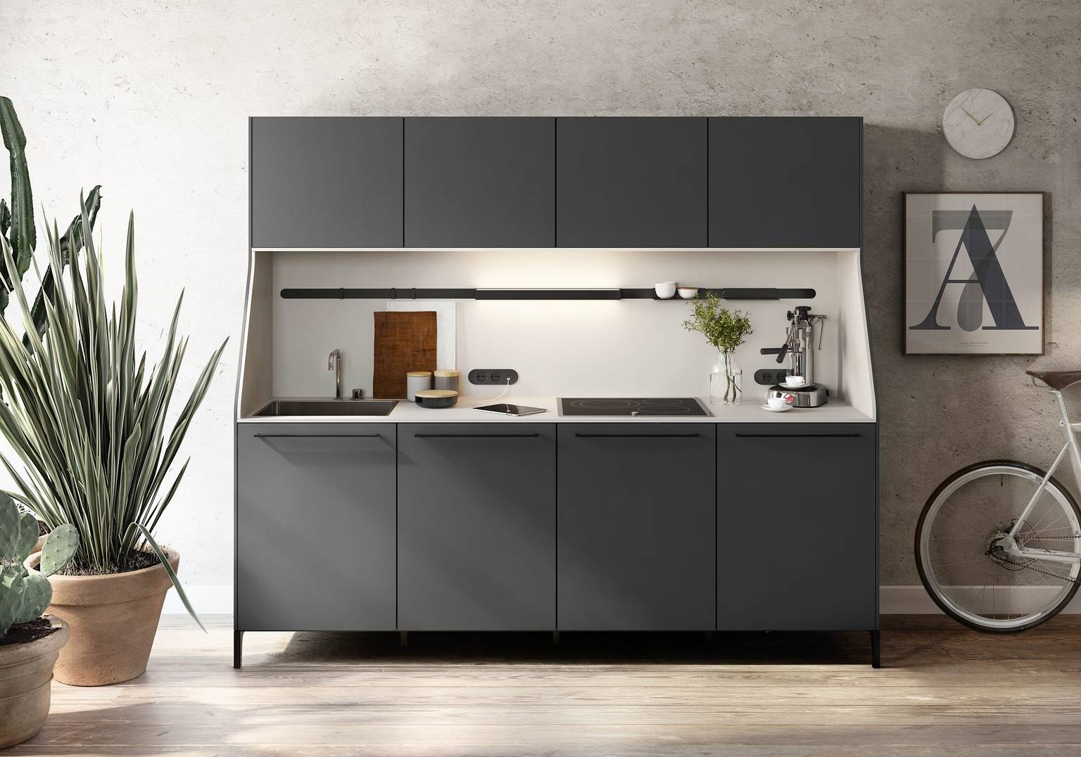 SieMatic 29 kitchen sideboard from the Urban style collection in graphite grey with sink and stovetop
