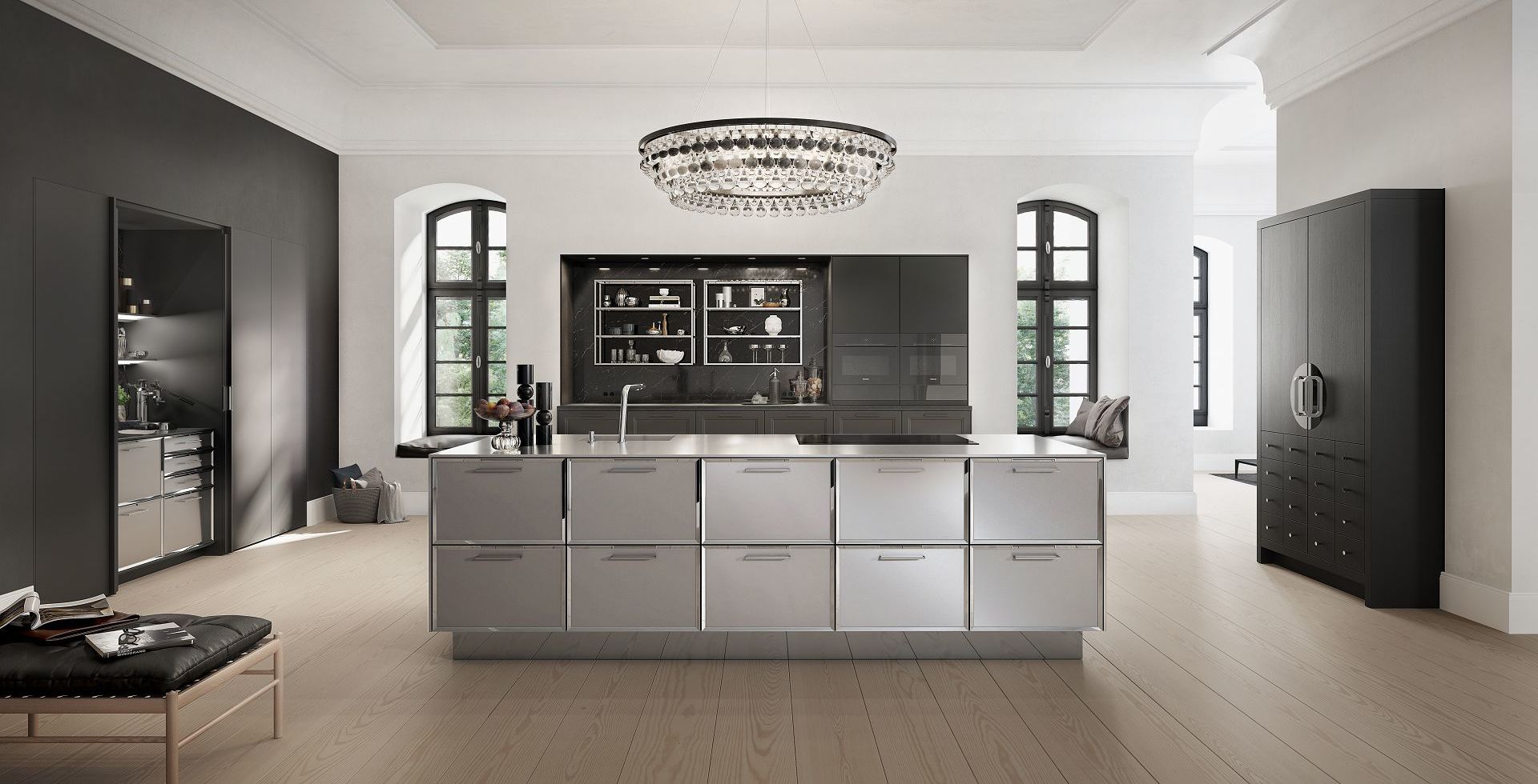 SieMatic Classic BeauxArts SE in black matte oak with kitchen island and Chinese wedding cabinet