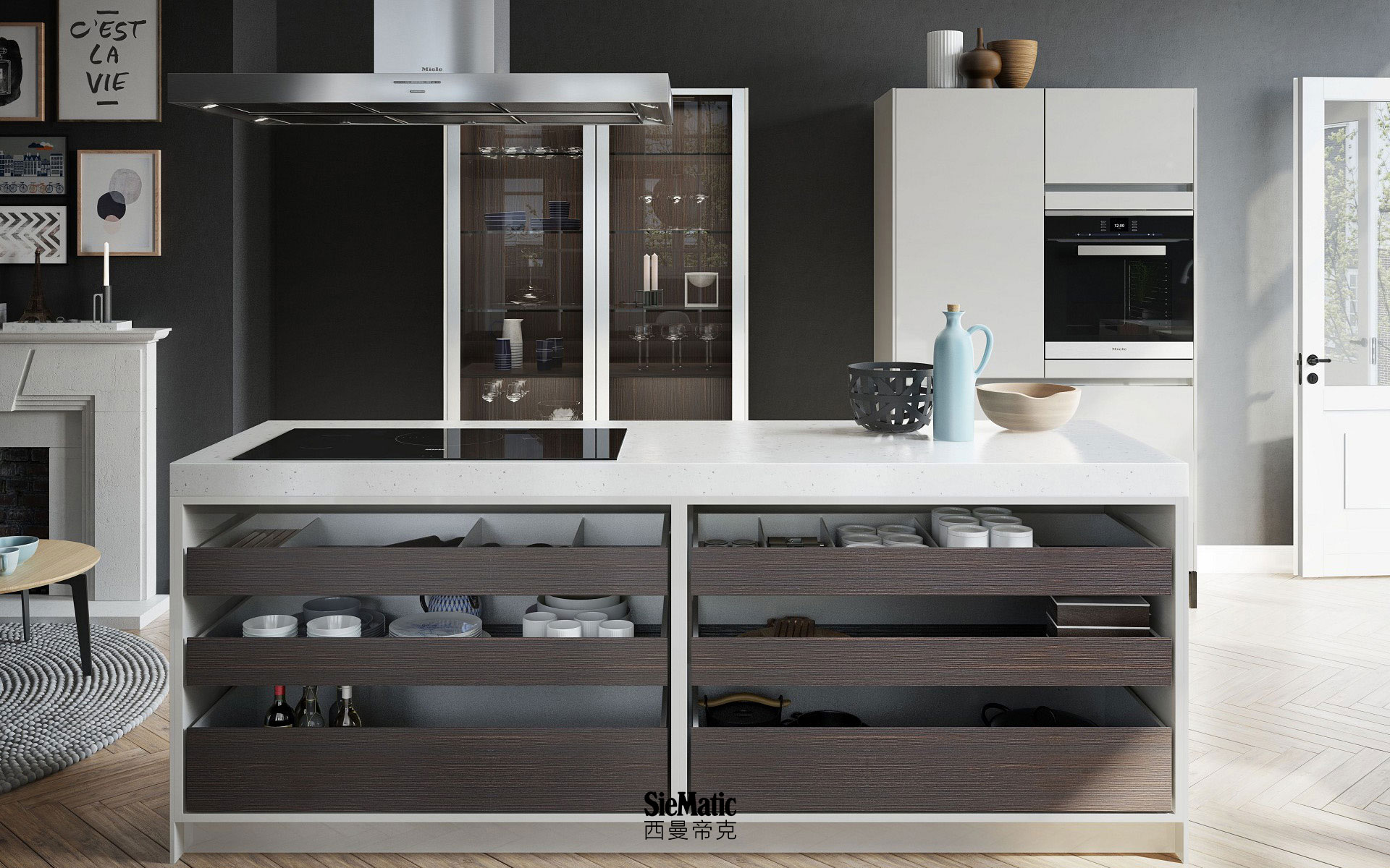 Prominent, wide SieMatic Urban S2 SE kitchen island in grey with open drawers and pull-outs
