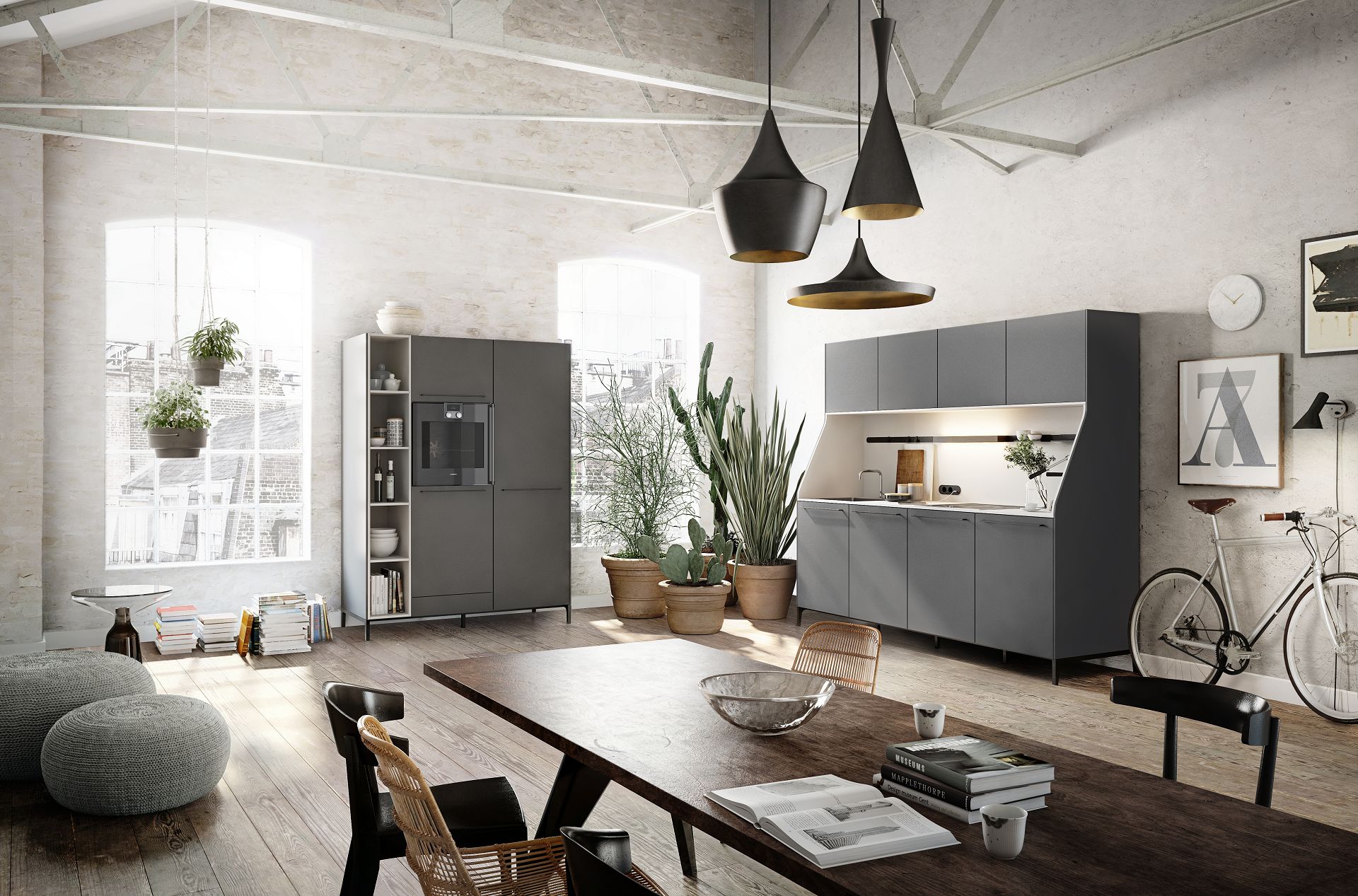 SieMatic 29 kitchen sideboard and freestanding tall cabinet in graphite grey from the Urban style collection