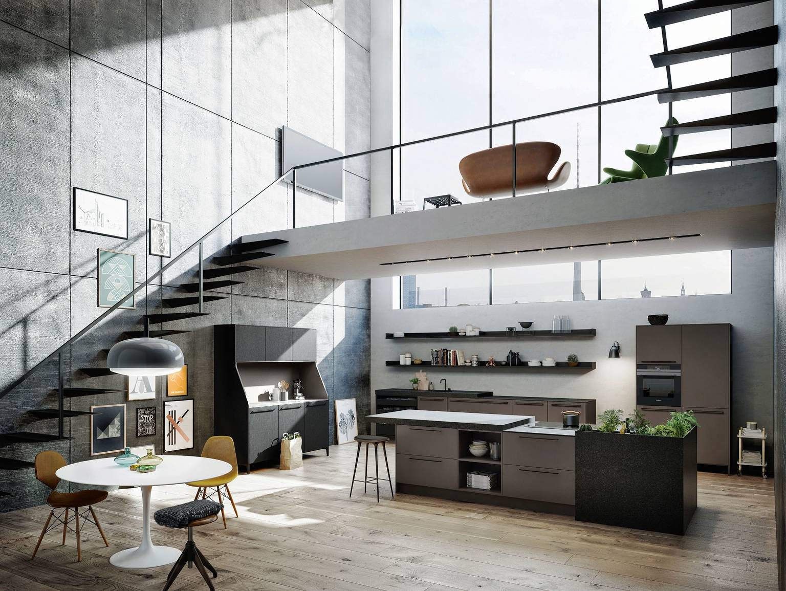 SieMatic Urban SE open-concept kitchen in umbra with island, herb garden and SieMatic 29 kitchen buffet