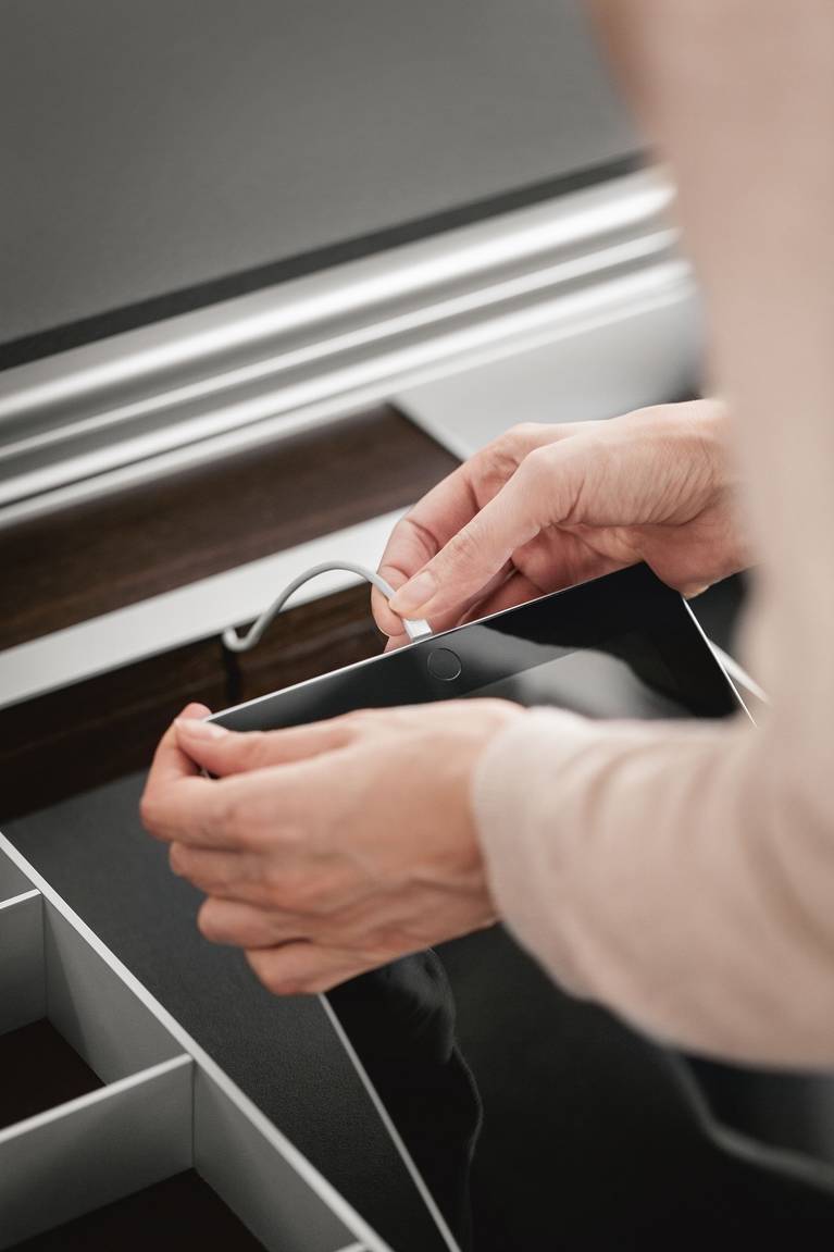 Integrated USB connection for iPad and more in kitchen drawers from SieMatic