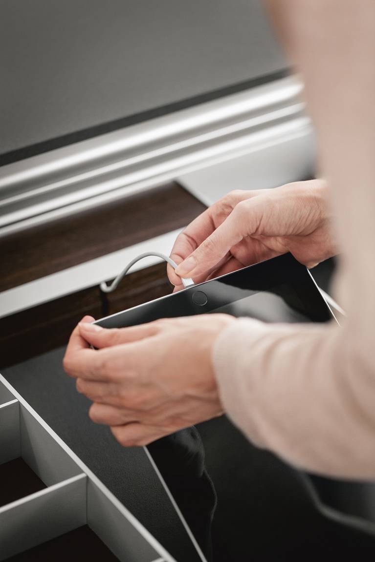 USB charging station from the SieMatic Aluminum Interior Accessories, for loading up iPads and iPhones inside kitchen drawers