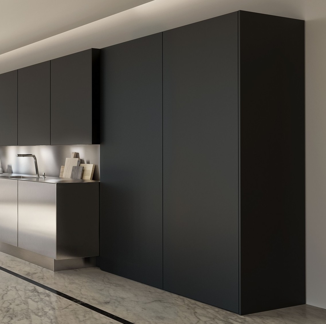 SieMatic SE cabinets from the Pure style collection in graphite grey matte lacquer with AntiPrint coating