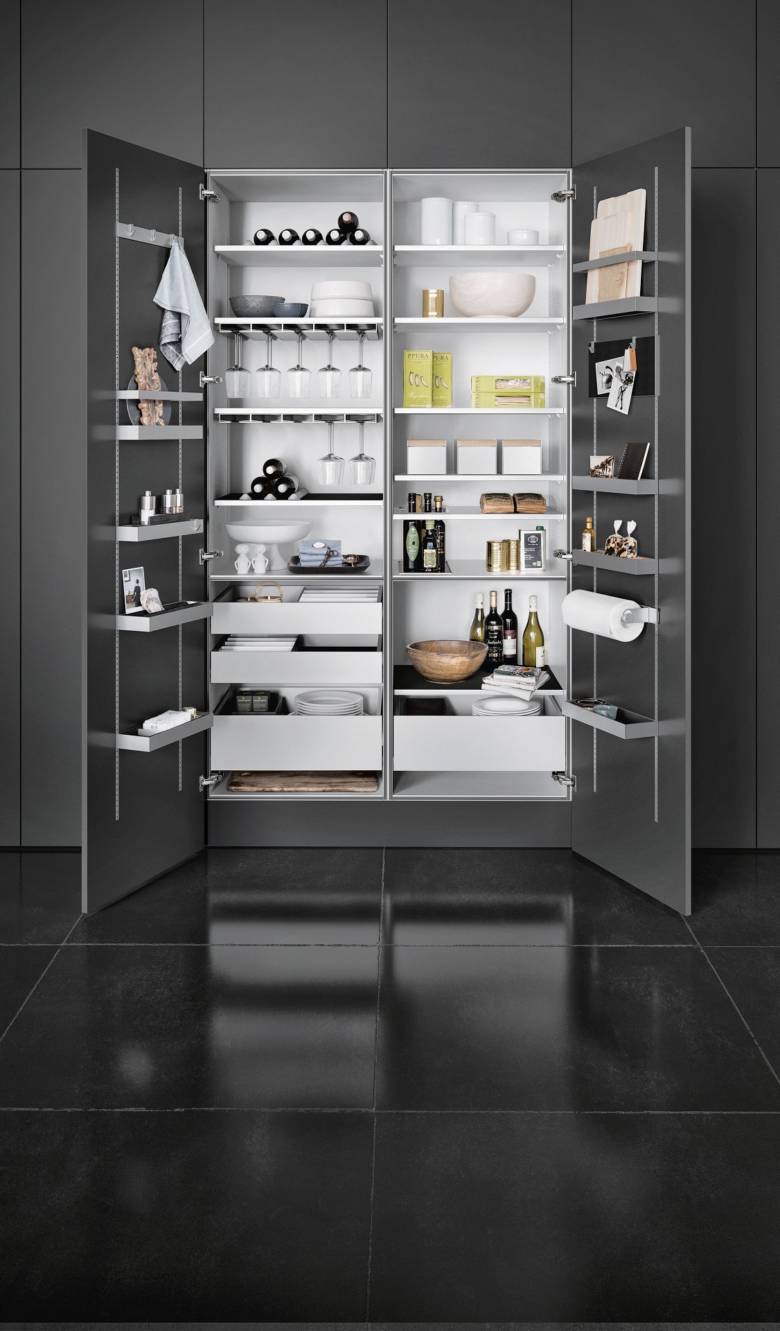 SieMatic MultiMatic interior organization system for tall cabinets offers storage space for jars, glasses, dinnerware and supplies