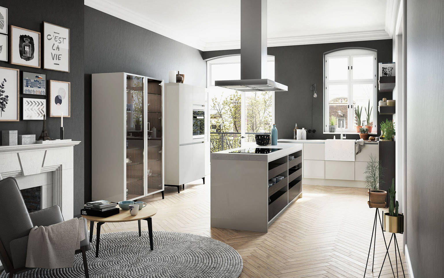 SieMatic Urban S2 SE in sterling grey with slender kitchen island, glass display and tall cabinets