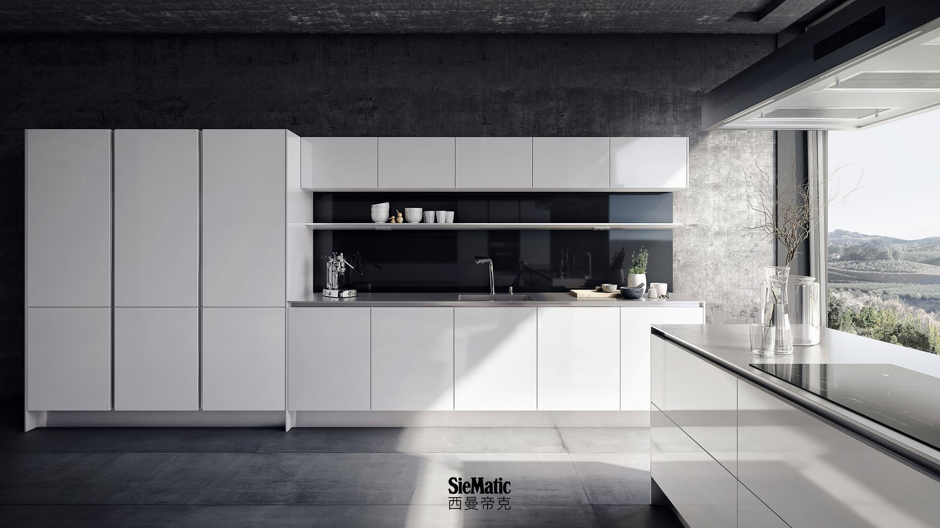 Handleless SieMatic S2 kitchen in glossy white with StoneDesign 1 cm countertop and glass backsplash